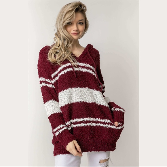 Burgundy & White Striped Popcorn Hoodie - Picture 4 of 5